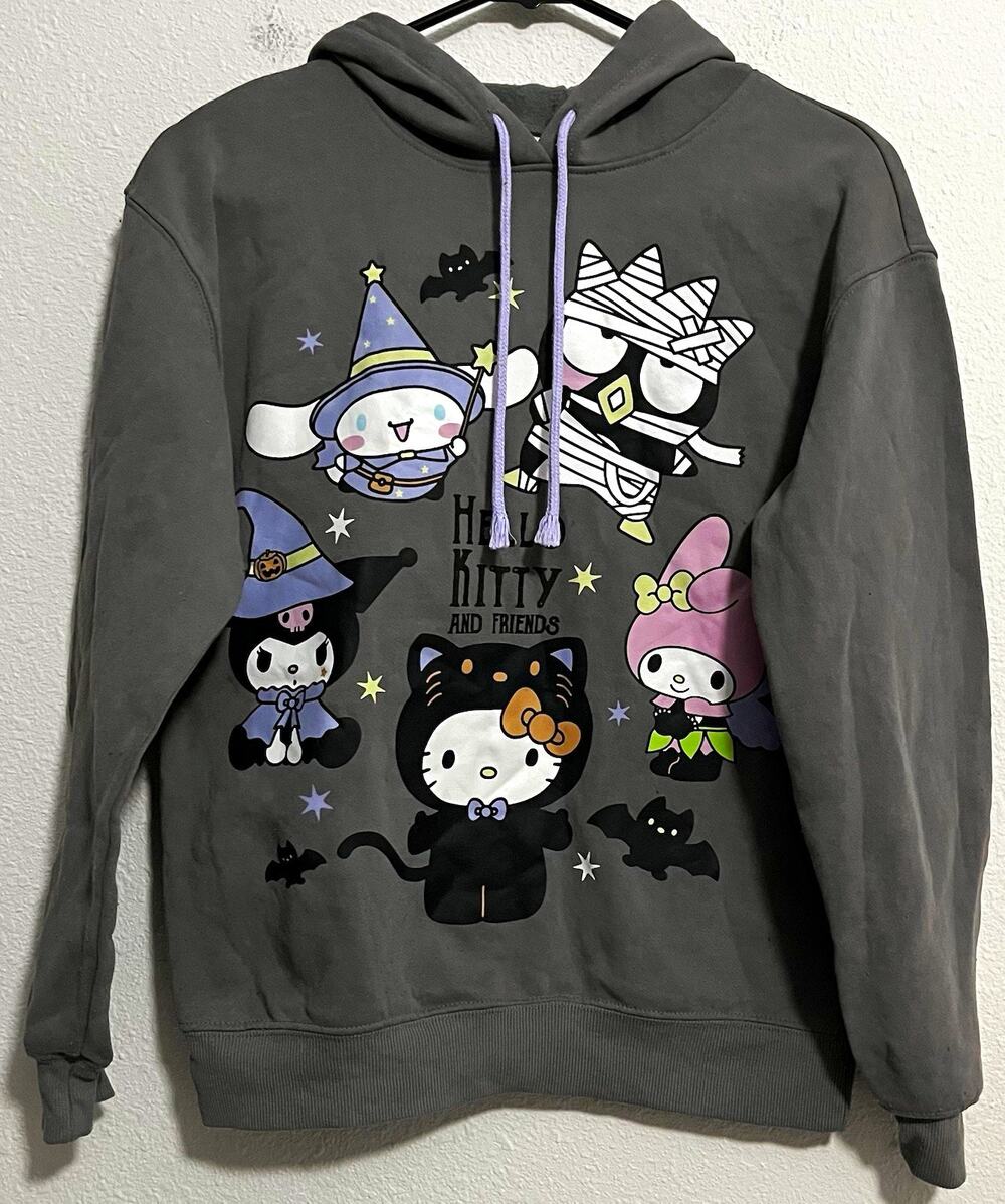 Hello Kitty and Friends Sanrio Halloween Graphic Fleece Pullover Hoodie Gray XS